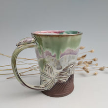 Load image into Gallery viewer, Carved Mug- creamy greens &amp; purples
