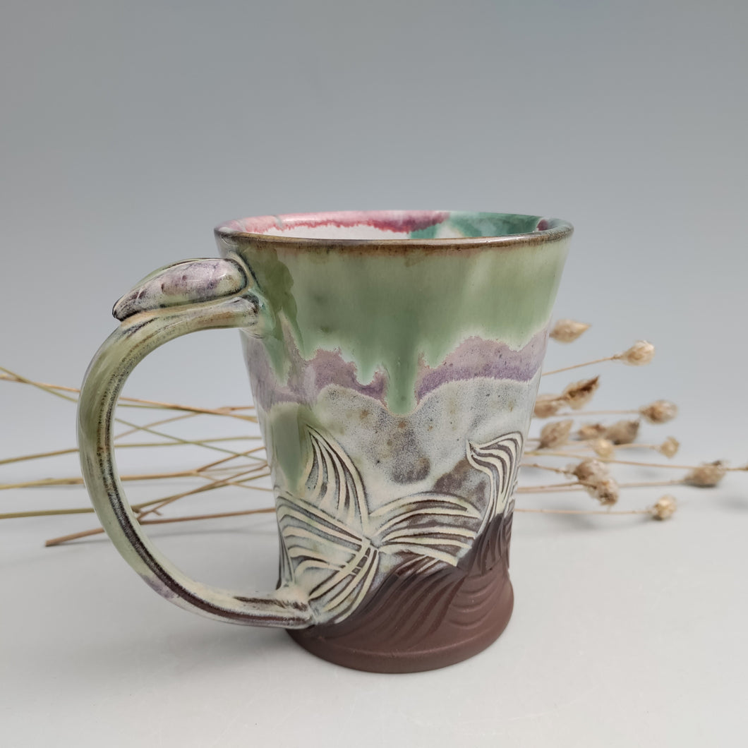 Carved Mug- creamy greens & purples