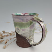 Load image into Gallery viewer, Carved Mug- creamy greens &amp; purples
