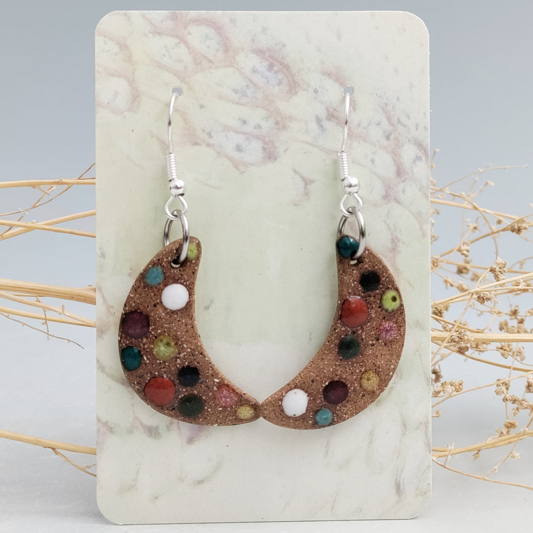 Rainbow polka dot moon earrings